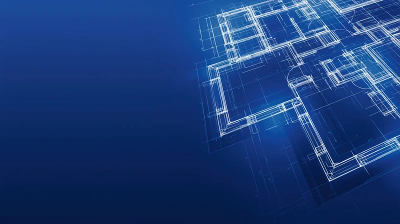 Architectural blueprint with white lines on blue gradient background showing building floorplan layout
