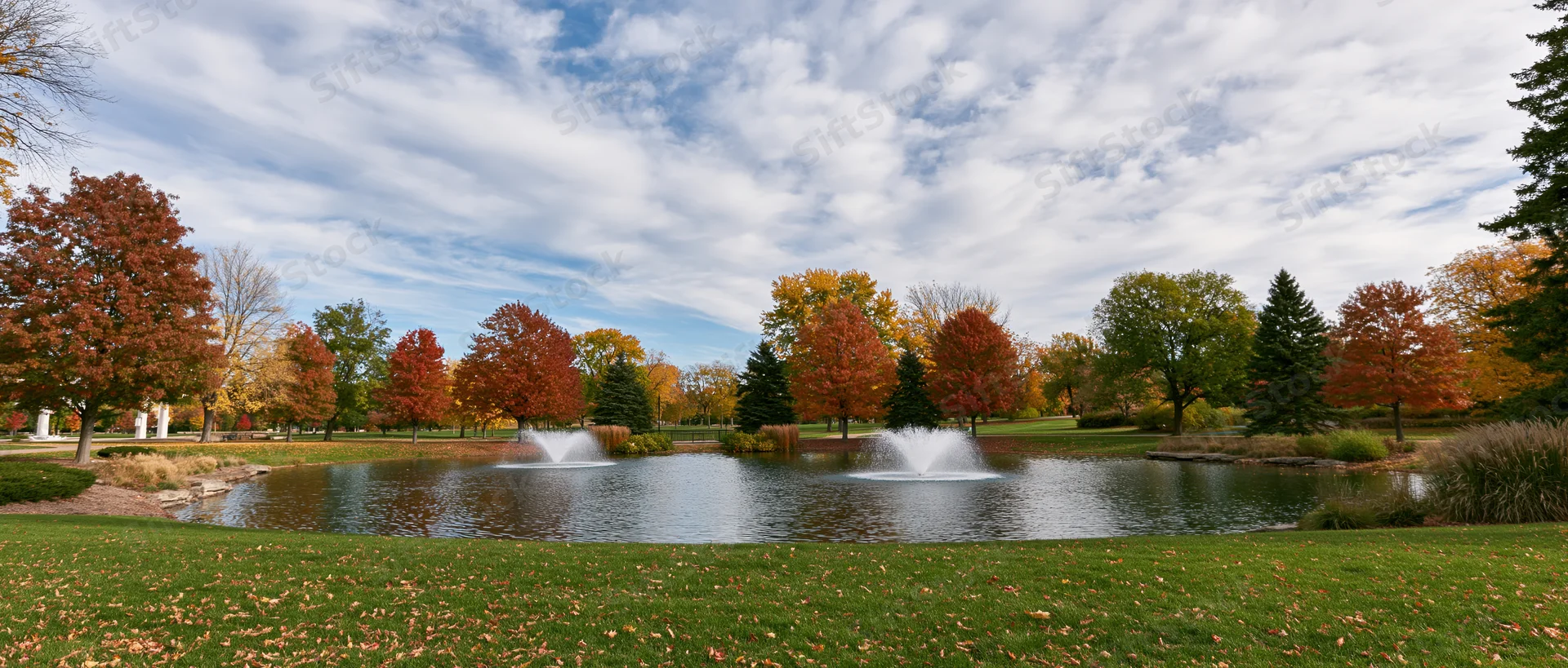 Autumn park with fountains in a pond surrounded by colorful trees and green lawn under a cloudy sky