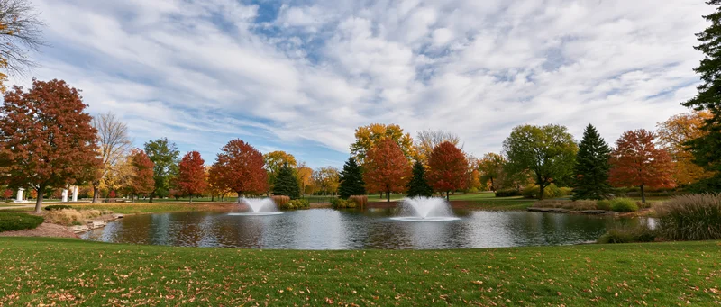 Autumn park with fountains in a pond surrounded by colorful trees and green lawn under a cloudy sky