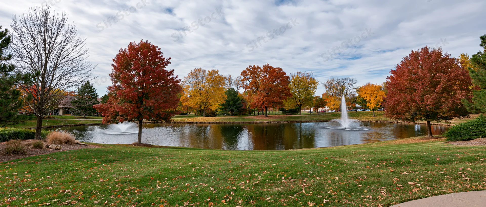 Autumn trees with colorful foliage surrounding a calm pond with fountains in a park setting