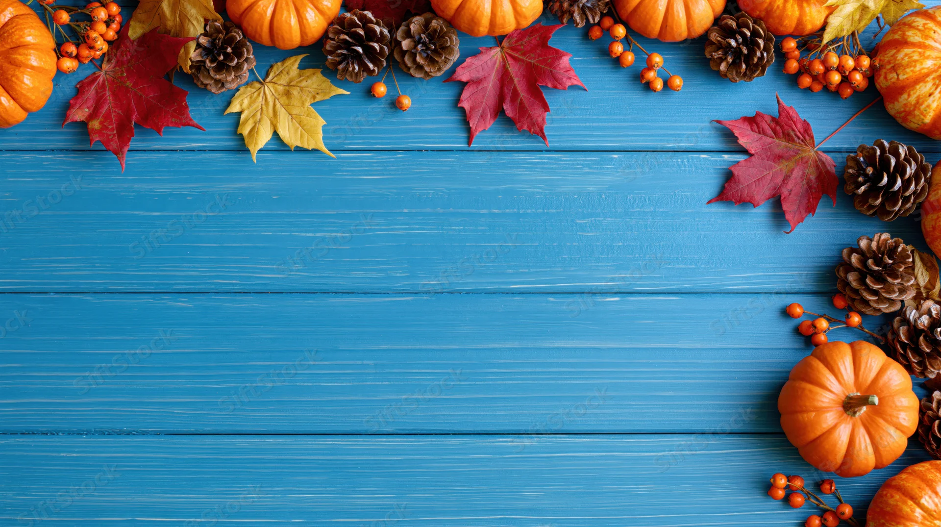 Autumn decorations arranged along the edges of a blue wooden table, leaving copyspace in the center