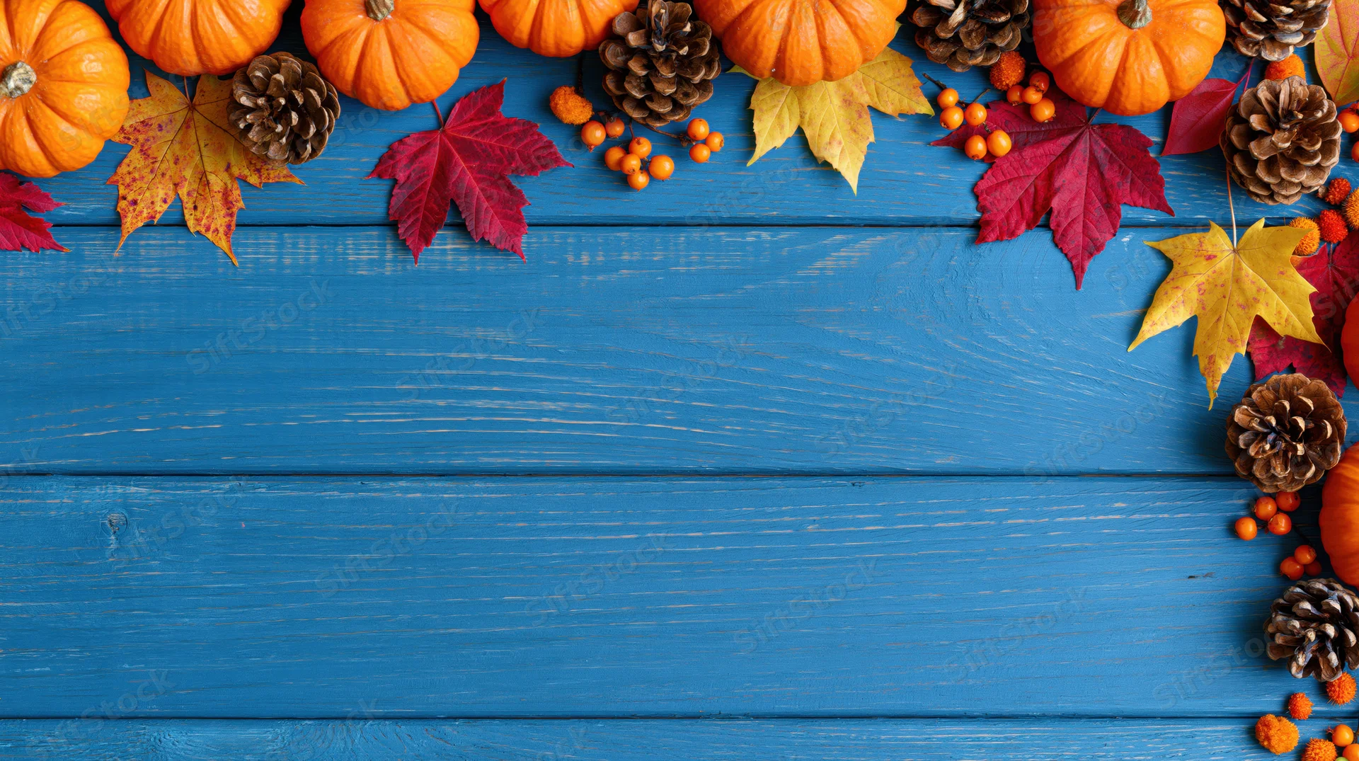 Autumn decorations arranged in a border on a blue wooden table with copyspace in the center