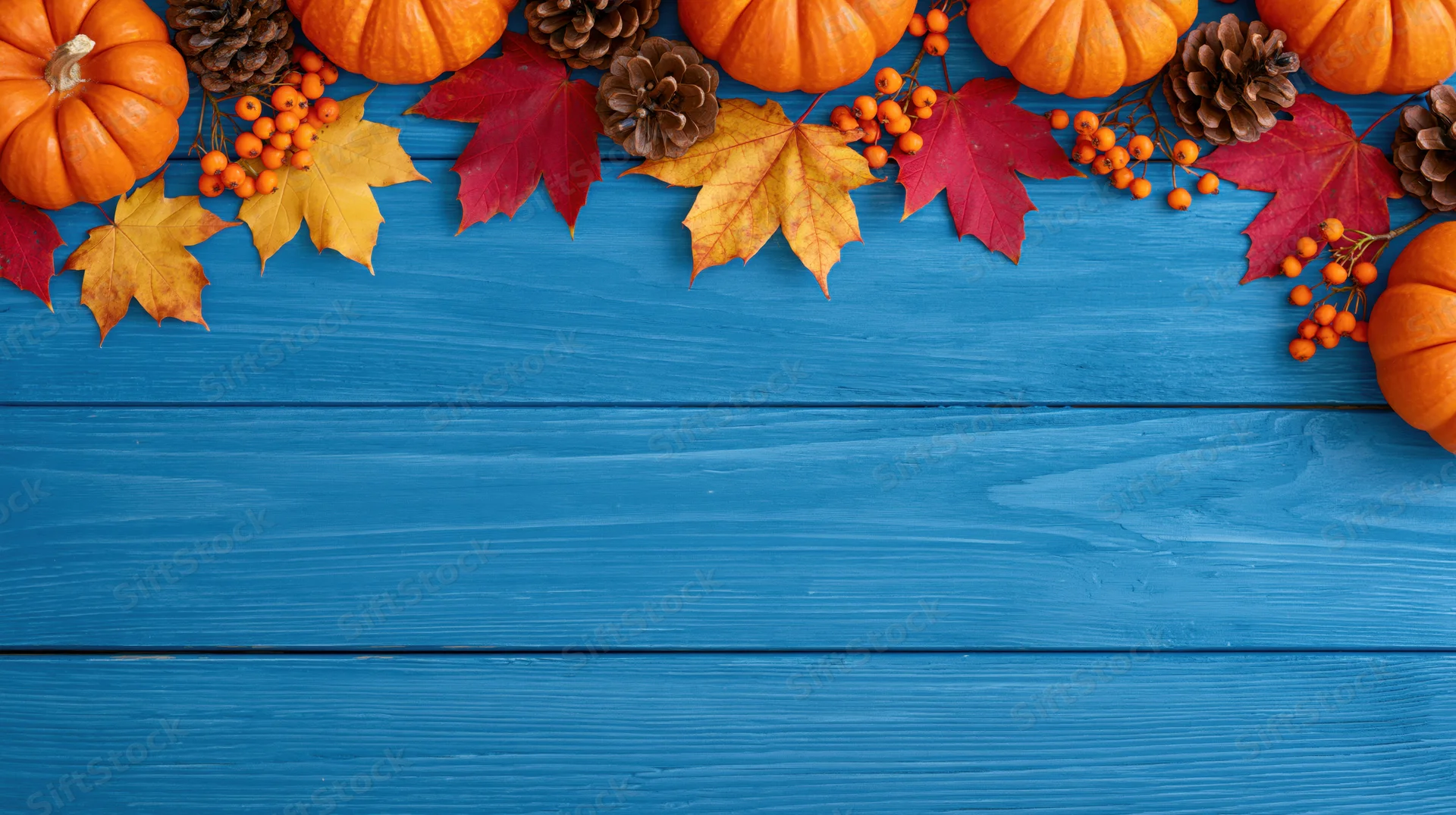 Autumn decorations arranged along the top of a blue wooden table with copyspace below