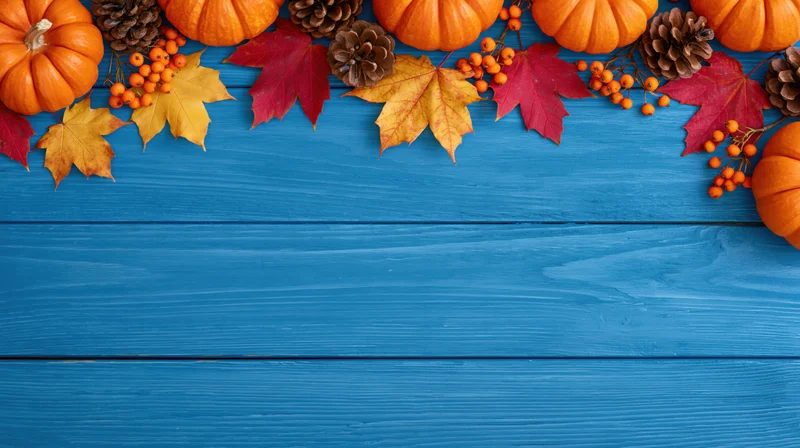 Autumn decorations arranged along the top of a blue wooden table with copyspace below