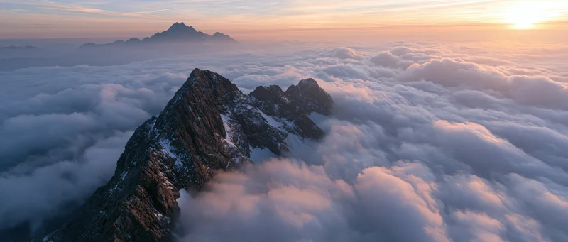 Rocky mountain peak rising above a sea of clouds at sunrise