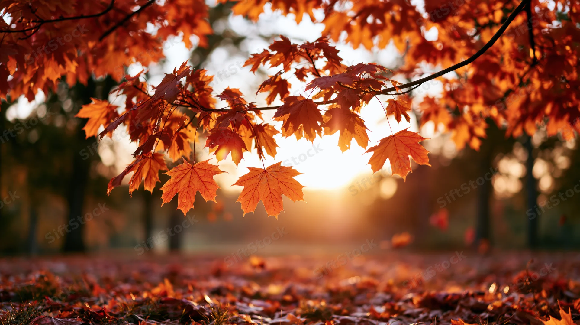 Maple leaves in autumn colors hanging over a carpet of fallen foliage in a park at sunset