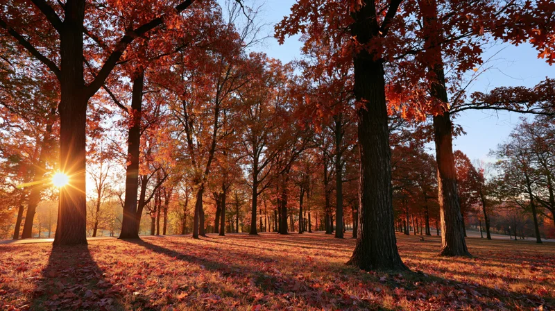 Autumn trees with red foliage in a park at sunrise, sunlight filtering through branches onto leaf-covered ground