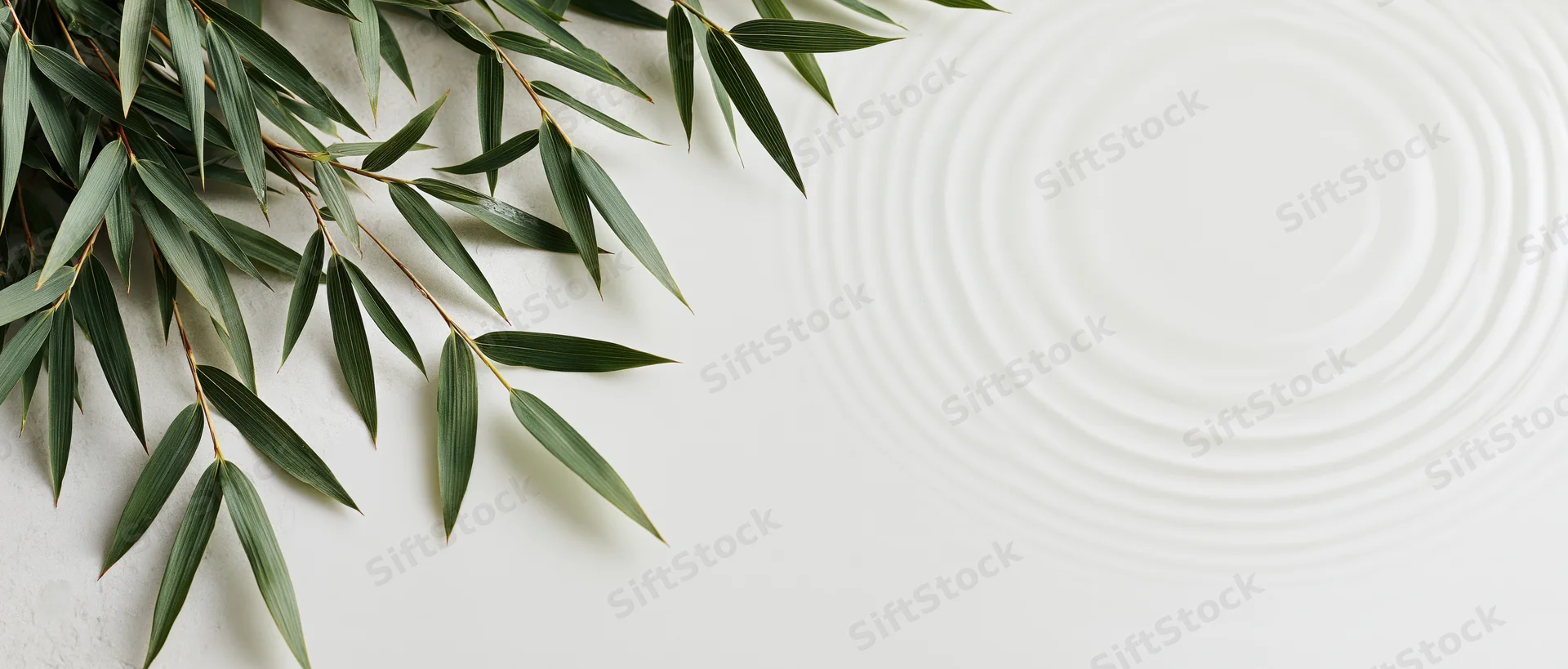 Bamboo leaves arranged on a white textured surface with concentric ripple pattern, creating a minimalist composition with copyspace