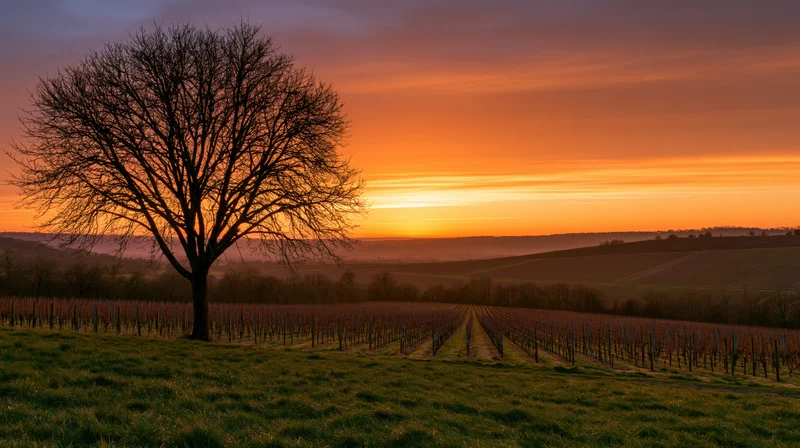 Bare tree silhouetted against sunset over rows of grapevines in a vineyard field