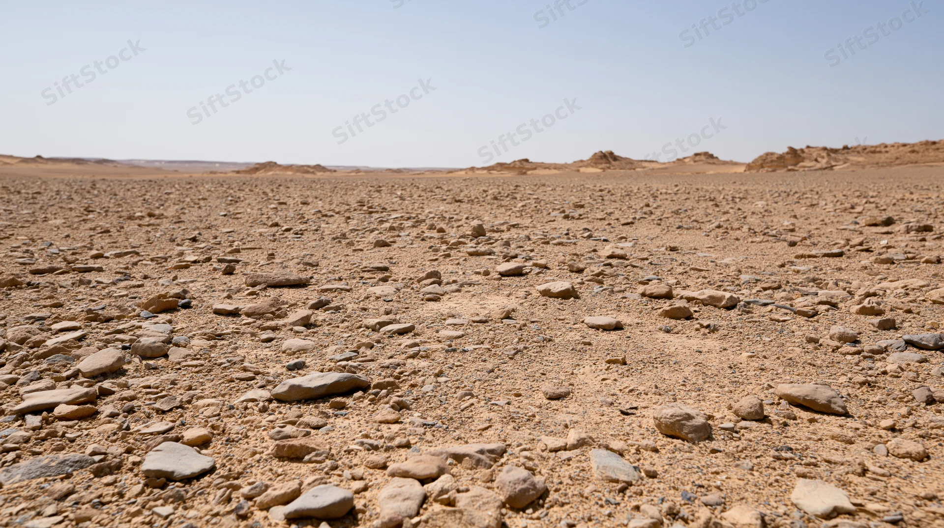 Rocky desert terrain under clear sky with scattered stones and distant dunes