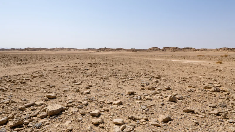Rocky desert terrain under clear blue sky with distant plateaus and scattered stones
