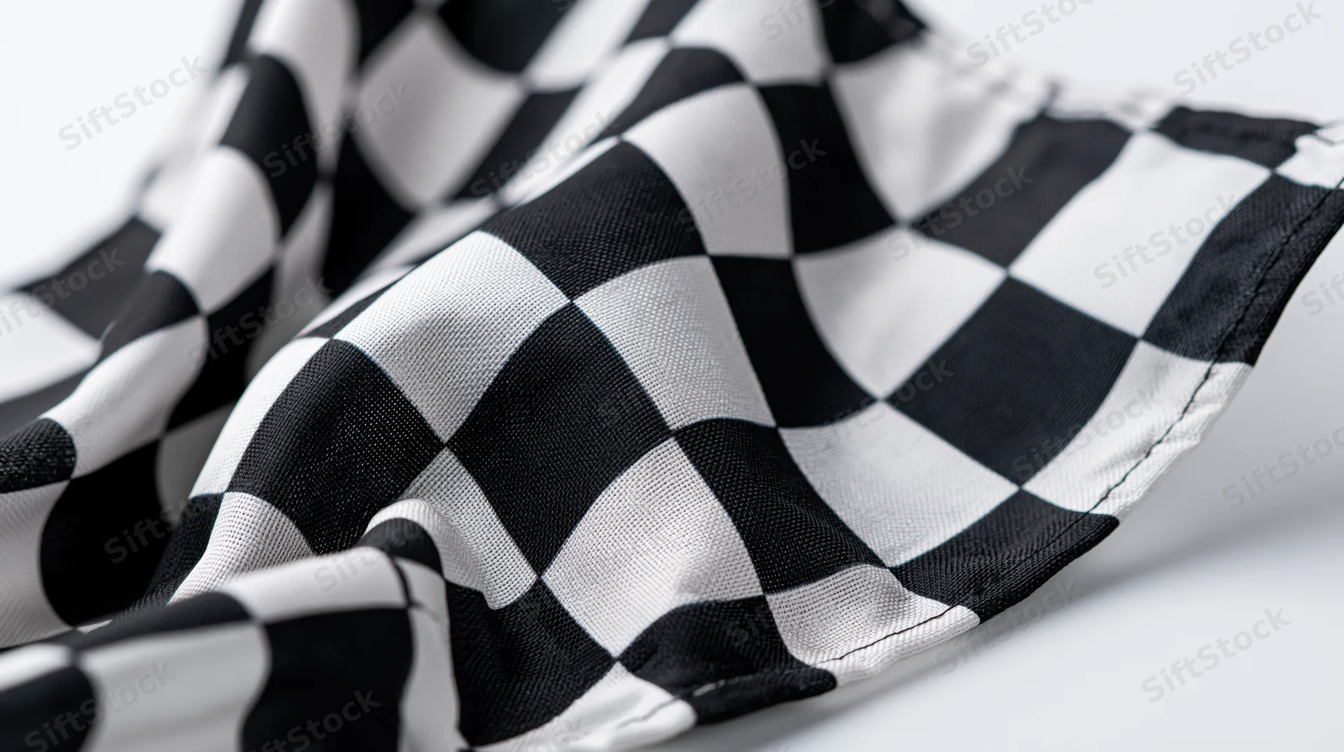 Checkered racing flag draped on a white surface with soft folds and visible stitching