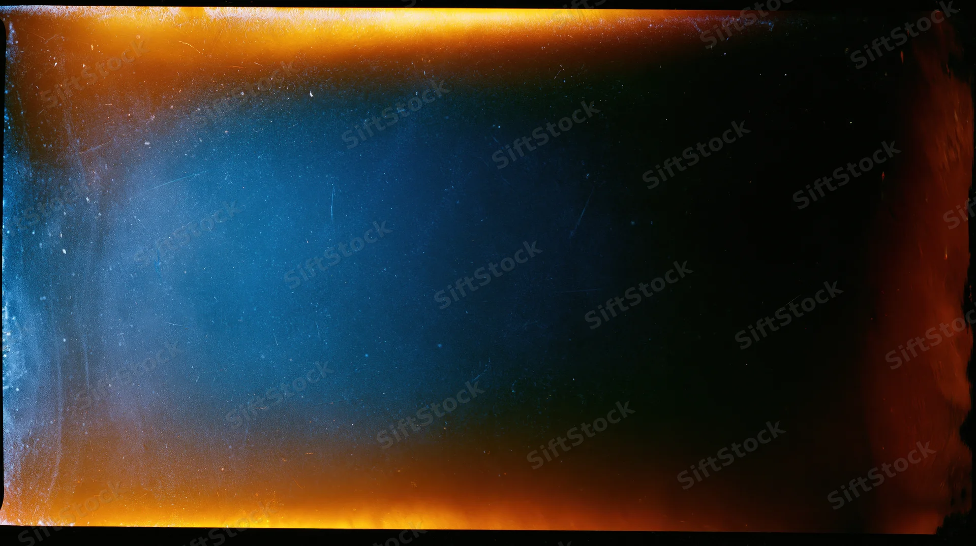 Abstract gradient of blue and orange light with soft glow and film texture