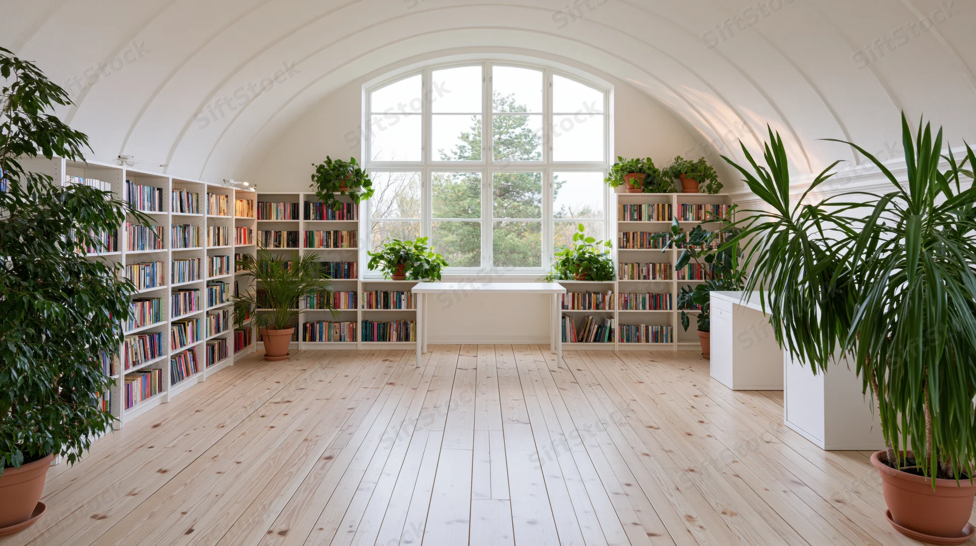 A bright library interior with white bookshelves, wooden floor, arched ceiling, and potted plants near a large window