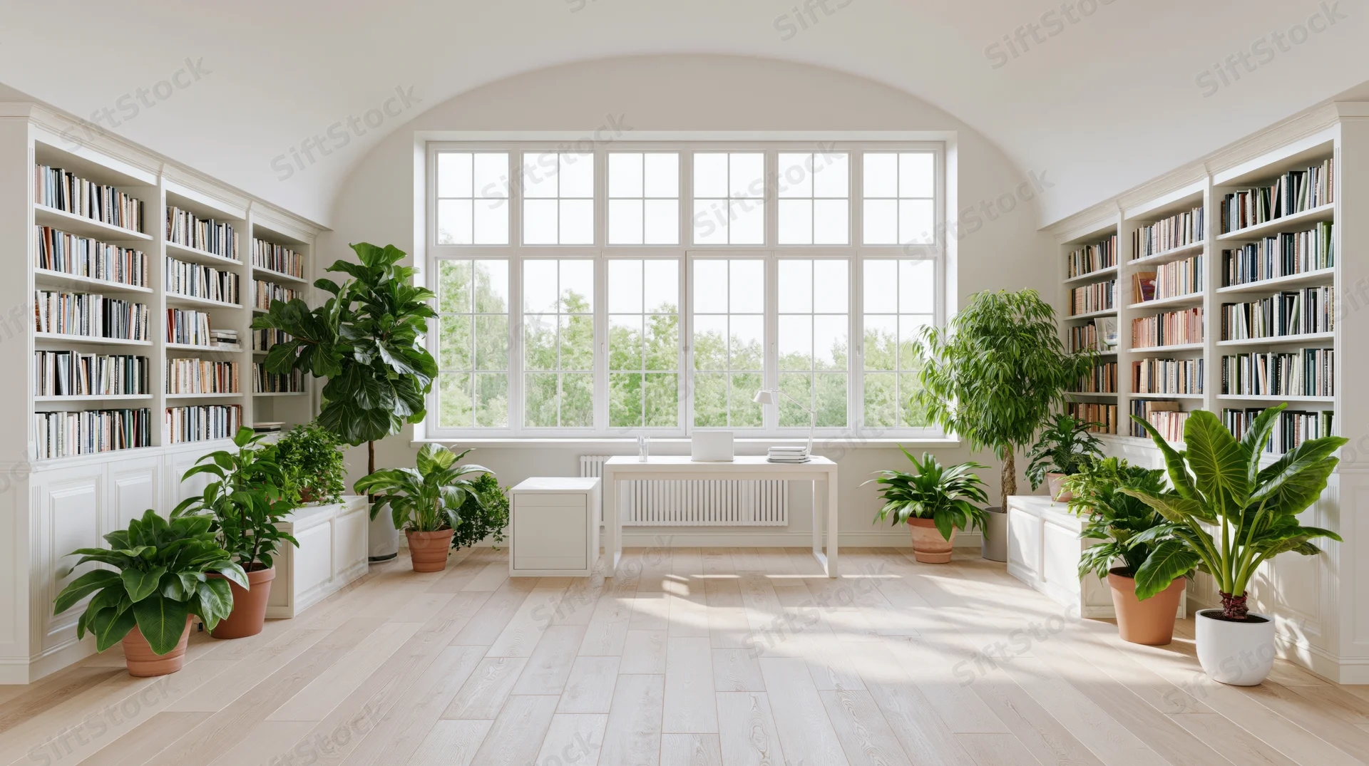 Bright reading room with bookshelves and potted plants arranged around a central table under an arched window
