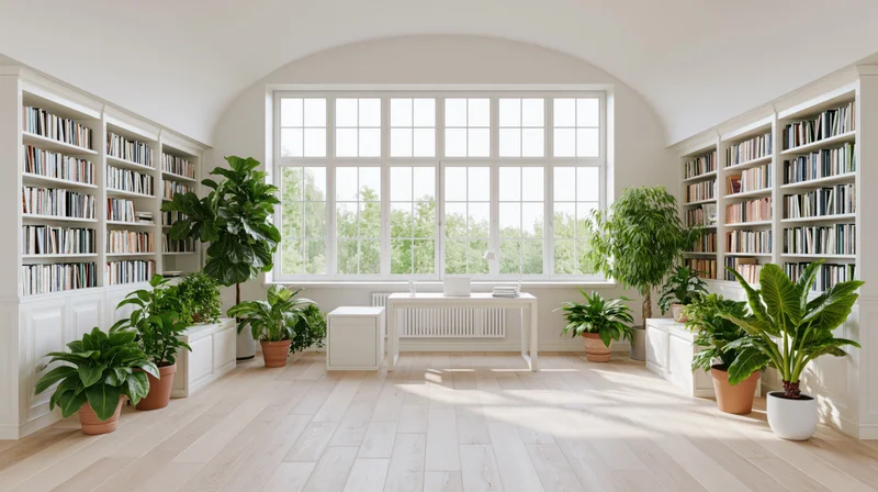 Bright reading room with bookshelves and potted plants arranged around a central table under an arched window
