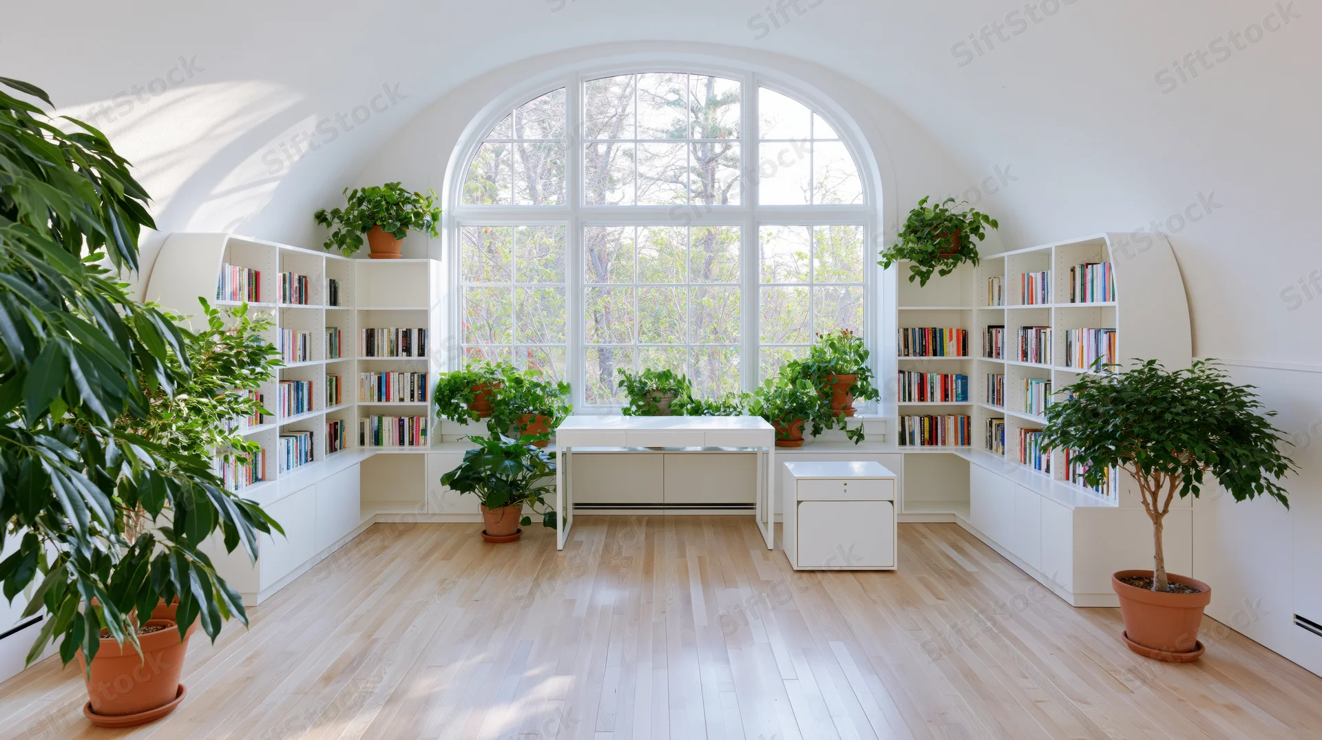 Modern home office with white bookshelves and potted plants arranged around a central desk under an arched window