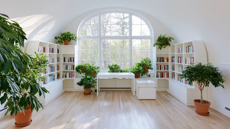 Modern home office with white bookshelves and potted plants arranged around a central desk under an arched window