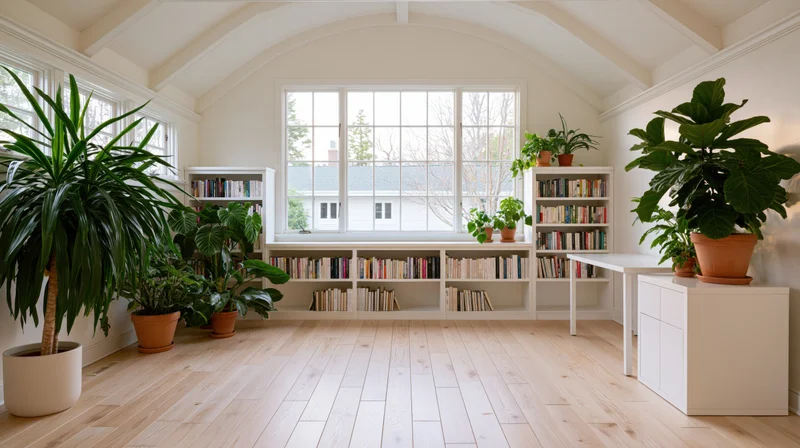 Bright home office with bookshelves and potted plants arranged along arched ceiling and windows