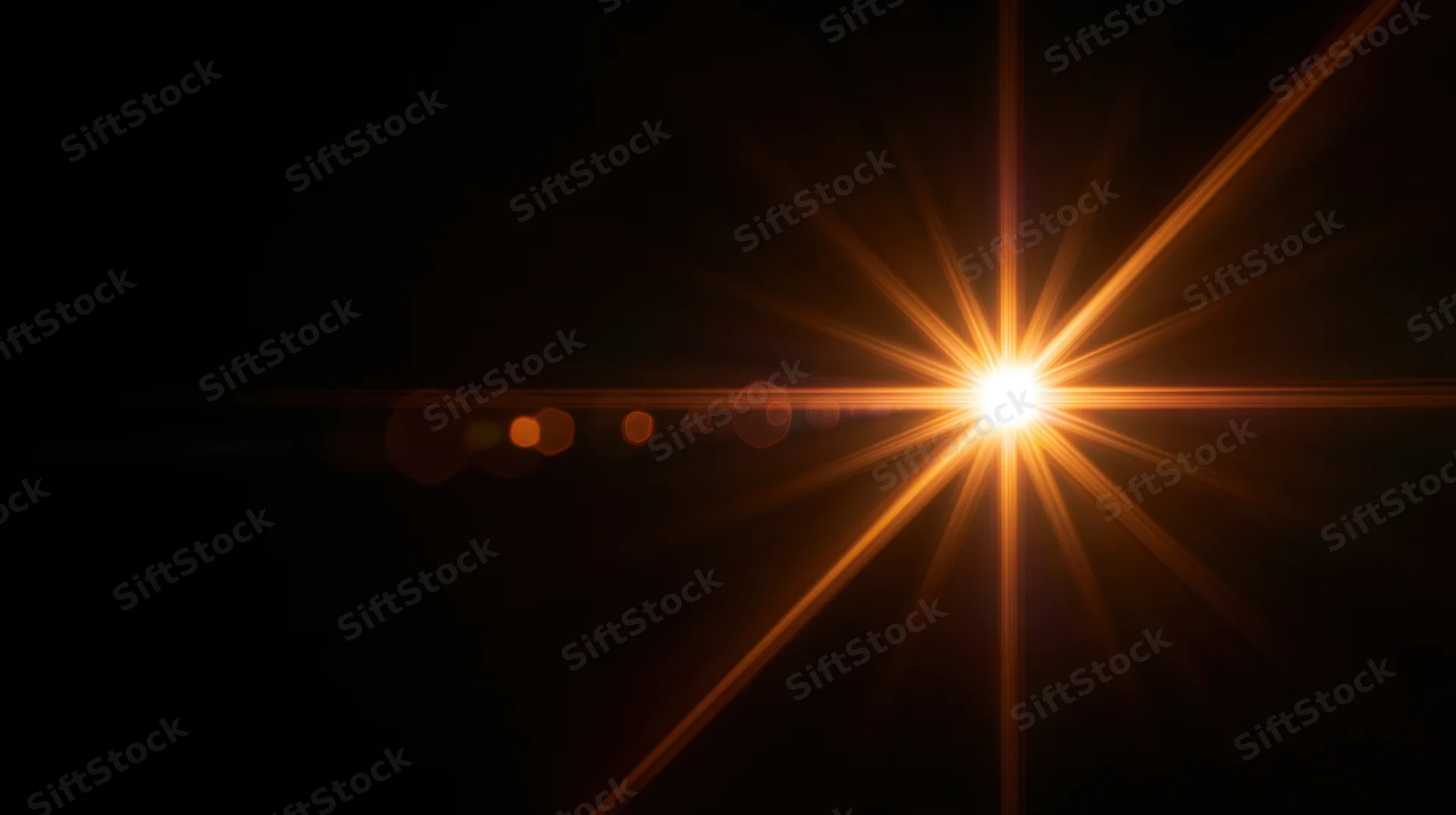Bright orange starburst light flare on dark background with bokeh circles and horizontal glow