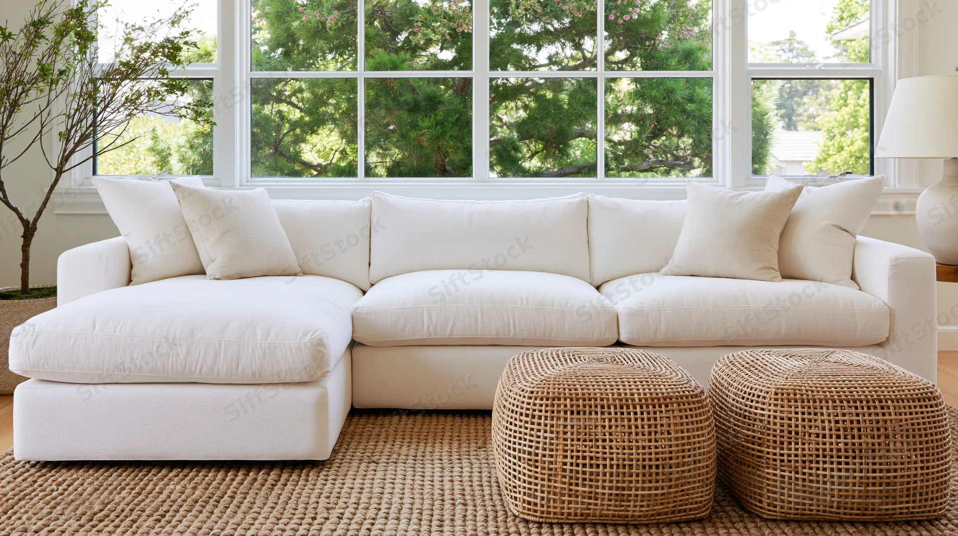 White sectional sofa with cushions and wicker ottomans in a bright living room with large windows and greenery outside