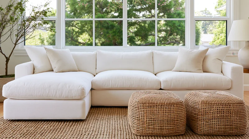 White sectional sofa with cushions and wicker ottomans in a bright living room with large windows and greenery outside