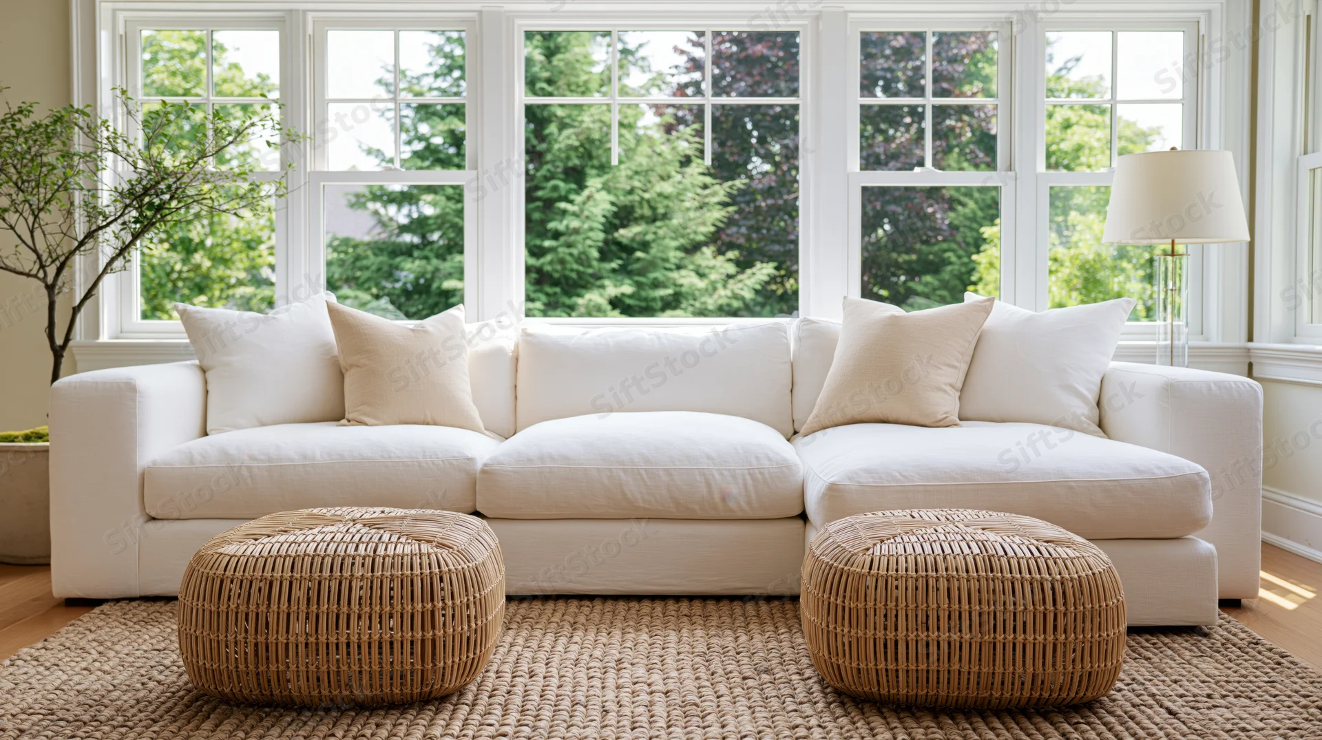 White sectional sofa with wicker ottomans on a woven rug in a bright living room with large windows overlooking green trees