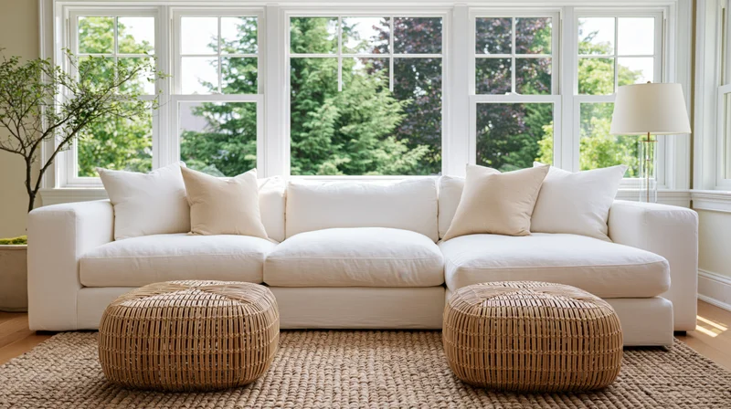 White sectional sofa with wicker ottomans on a woven rug in a bright living room with large windows overlooking green trees