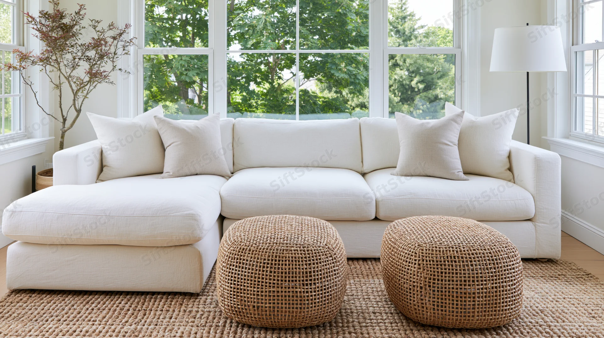 White sectional sofa with wicker ottomans and a jute rug in a bright living room with large windows and indoor plant
