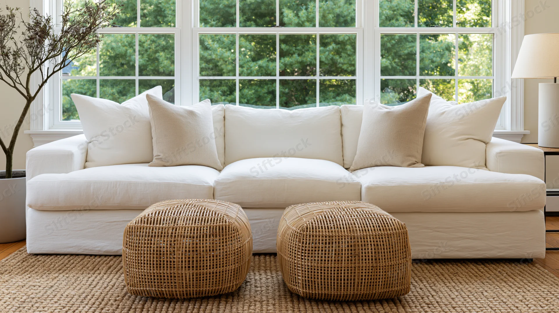 White sofa with wicker ottomans and pillows arranged in front of large windows in a bright living room
