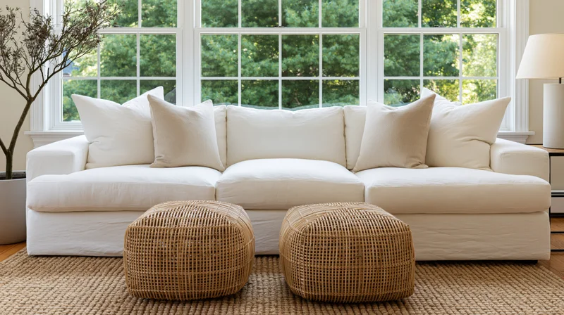 White sofa with wicker ottomans and pillows arranged in front of large windows in a bright living room