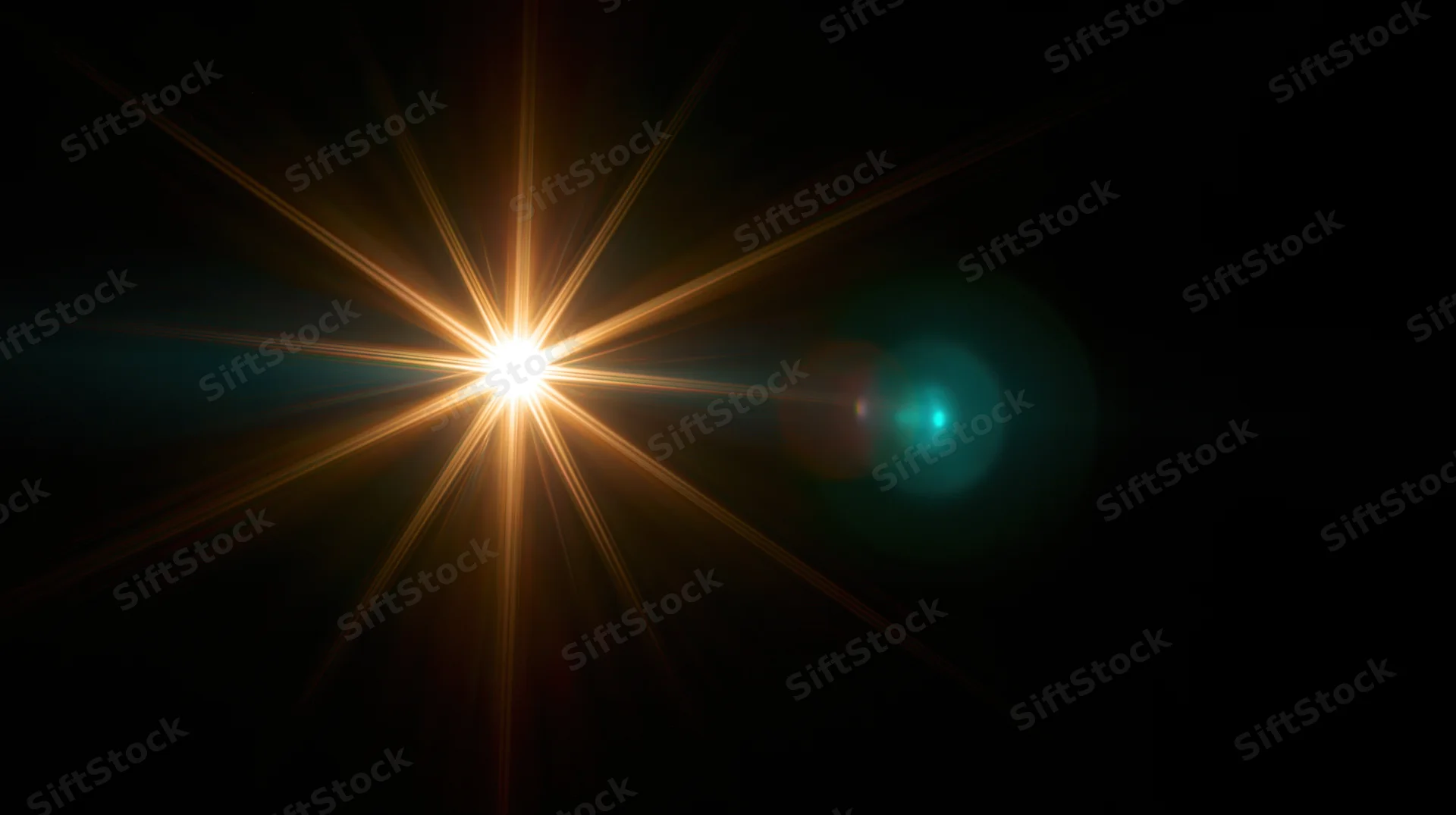Bright starburst light effect with lens flare and teal bokeh on dark background
