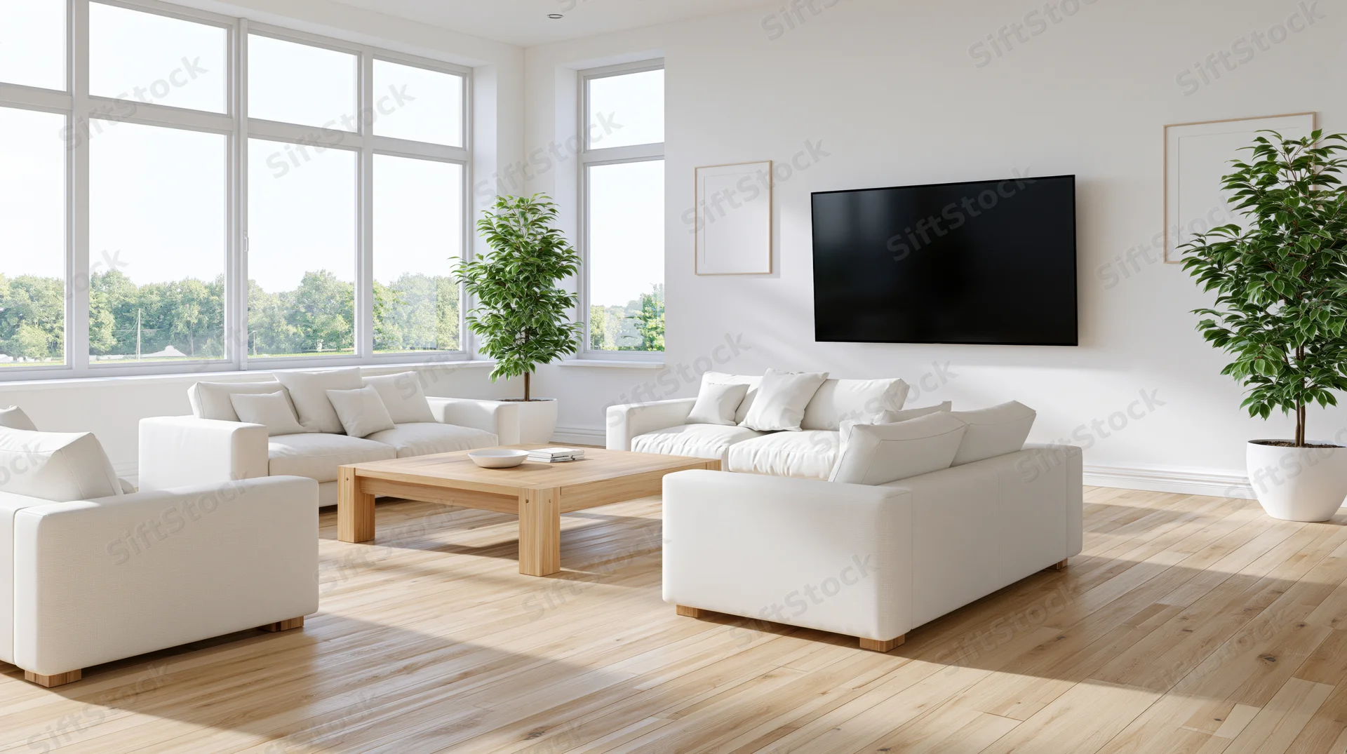 White sofas arranged around a wooden coffee table in a bright modern living room with large windows and indoor plants