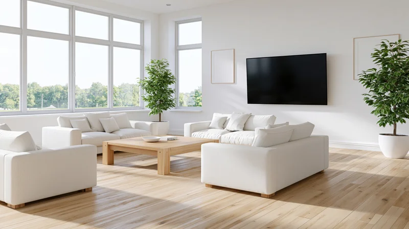 White sofas arranged around a wooden coffee table in a bright modern living room with large windows and indoor plants