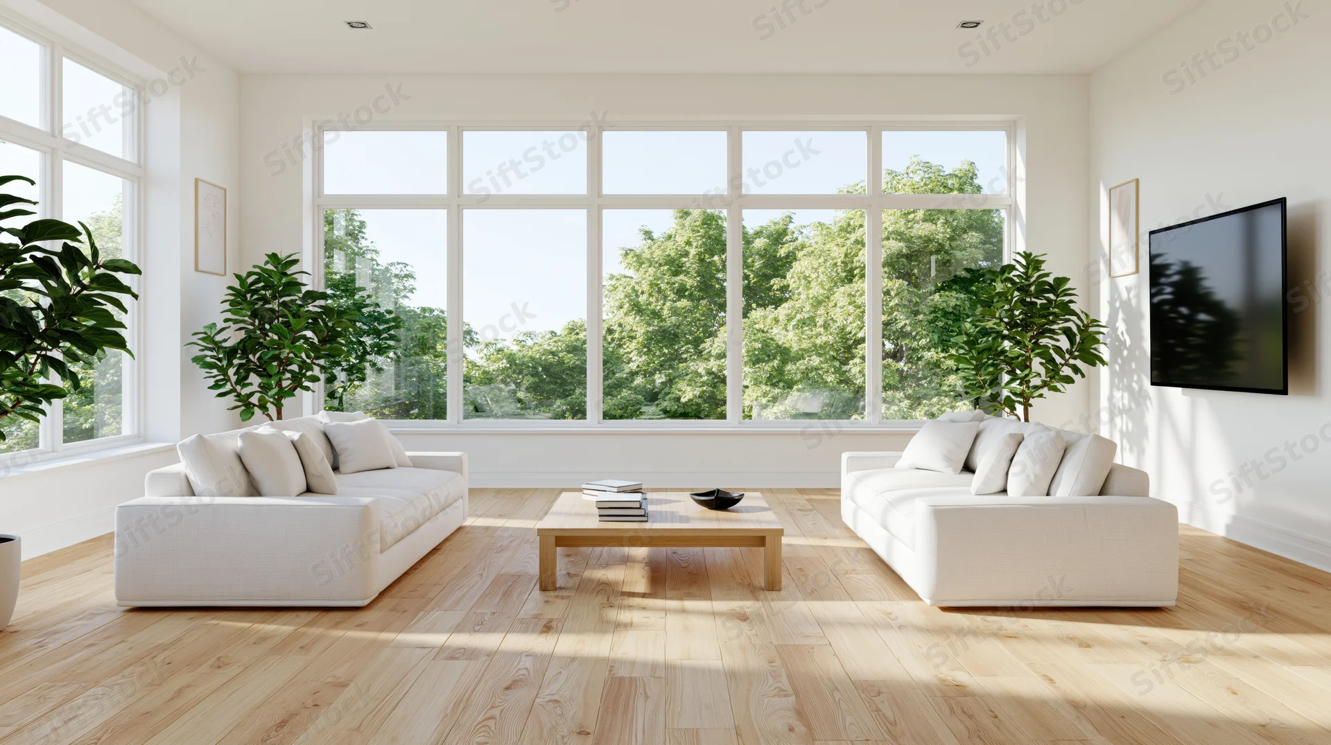 White sofas arranged around a wooden coffee table in a bright living room with large windows overlooking green trees