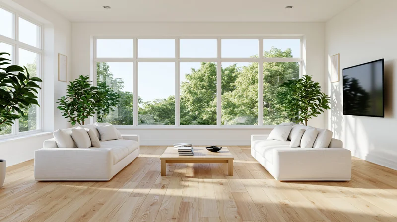 White sofas arranged around a wooden coffee table in a bright living room with large windows overlooking green trees