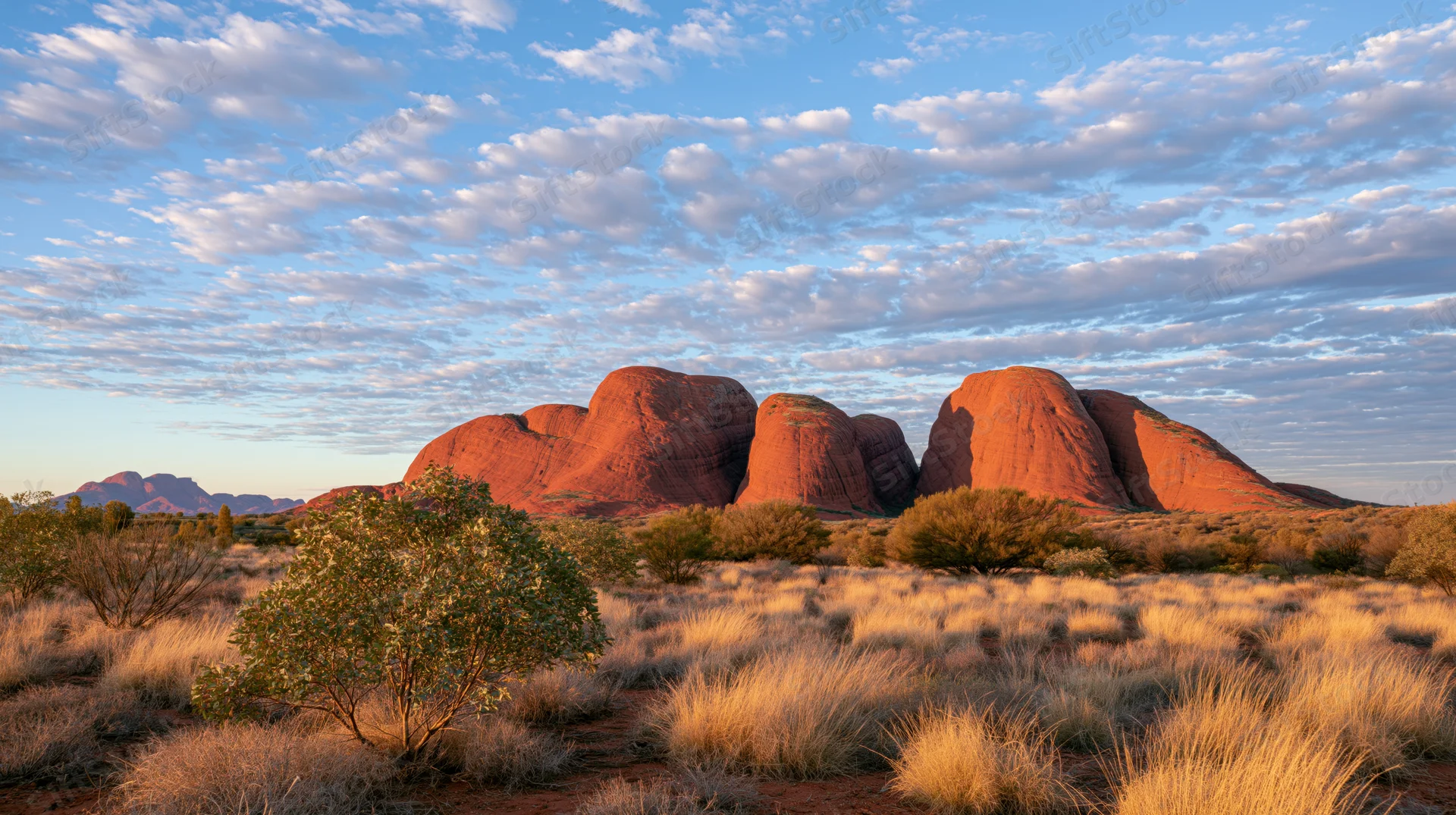 Red rock formations rising from desert grassland under a cloudy sky at sunrise
