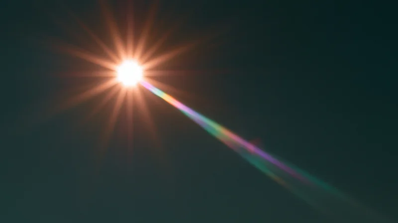 Bright sun with starburst lens flare and rainbow spectrum against dark sky