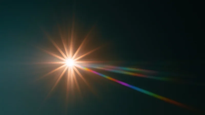 Bright starburst light flare with rainbow spectrum against dark sky background