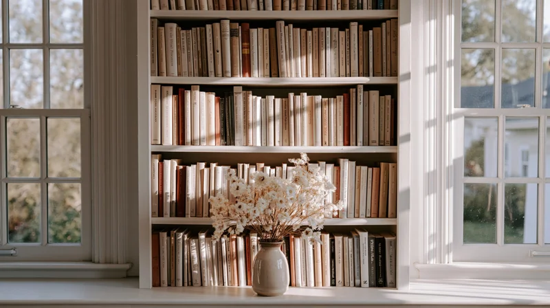 Bookshelf filled with books and a vase of dried flowers on a windowsill in a sunlit room