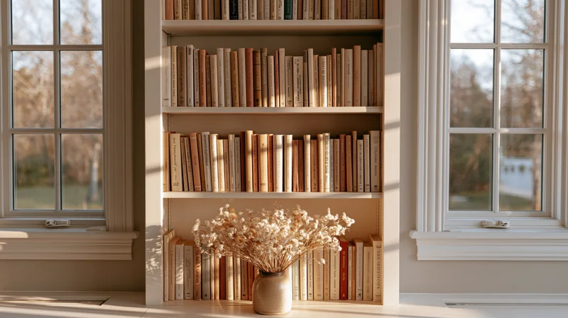 Bookshelf filled with books and a vase of dried flowers between two windows in a sunlit room