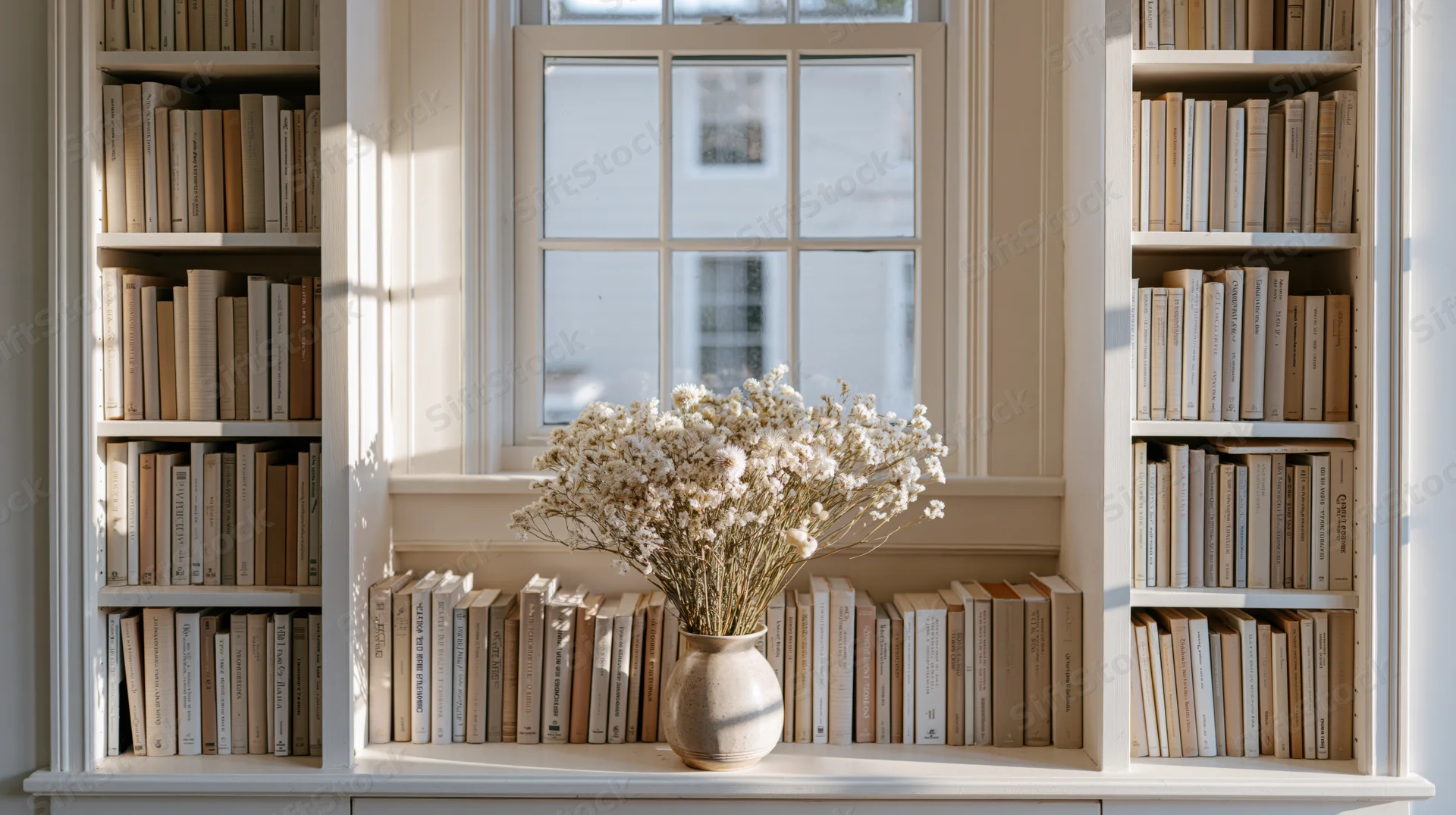 Dried flowers in a vase on a windowsill between built-in bookshelves filled with books in a bright home interior