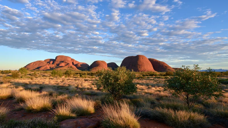 Red rock formations rise from arid grassland under a cloudy sky at golden hour