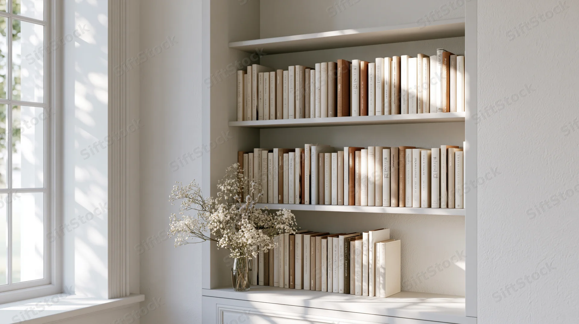 White bookshelf filled with books and a vase of dried flowers beside a sunlit window in a minimalist home interior