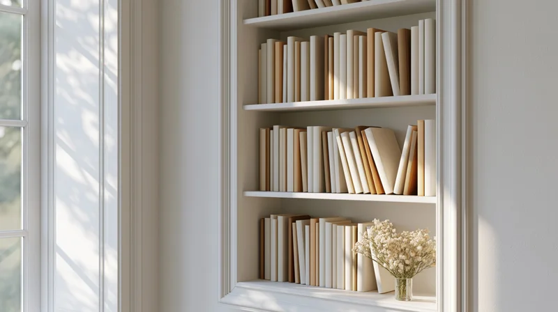 White bookshelf filled with beige books and a vase of dried flowers beside a sunlit window in a minimalist home interior