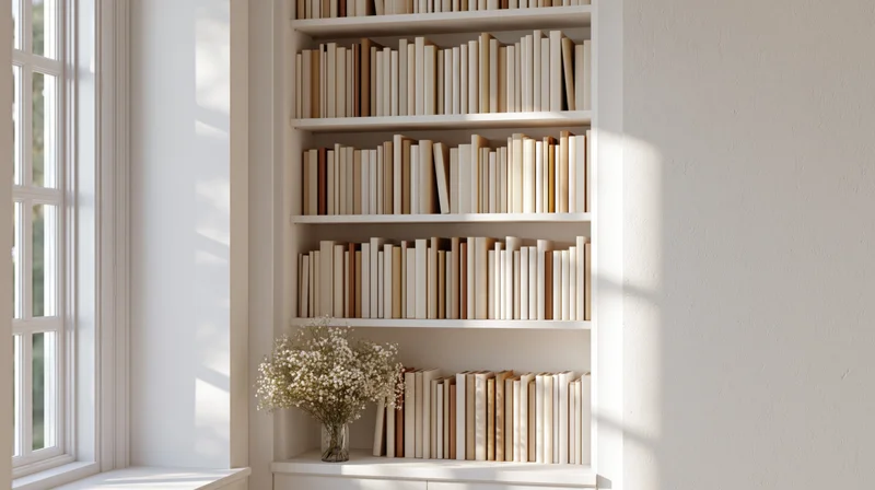 White bookshelf filled with books and a vase of dried flowers beside a window in a bright room