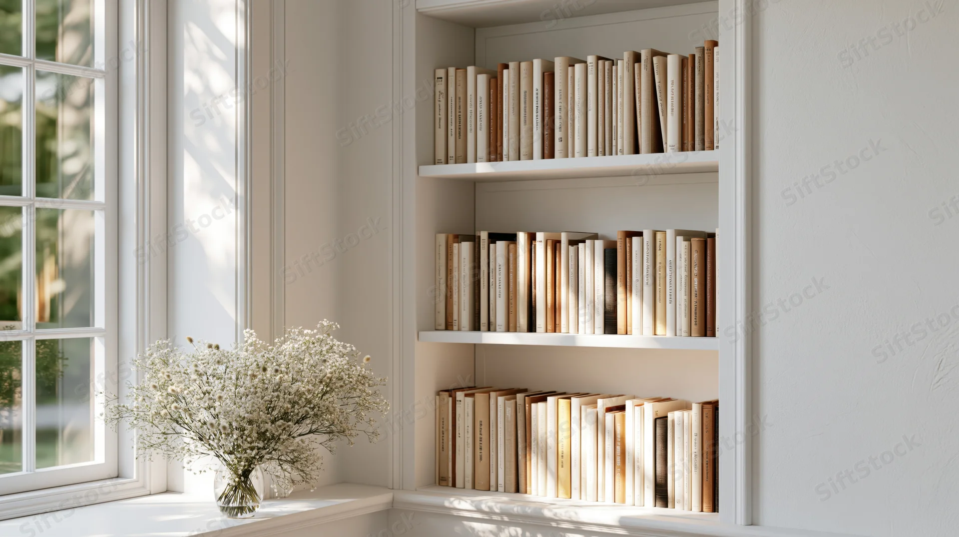 Built-in bookshelf filled with books beside a window with a vase of baby's-breath flowers on the sill