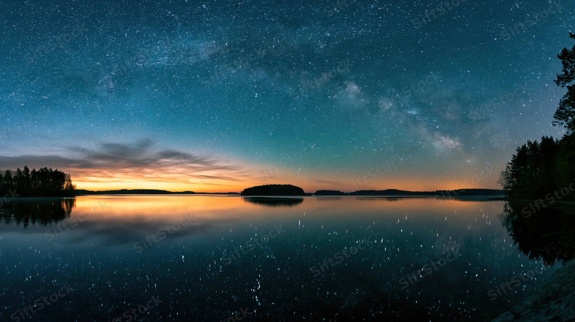 Milky way reflected in calm lake waters at twilight with forested shoreline and distant island under starry sky