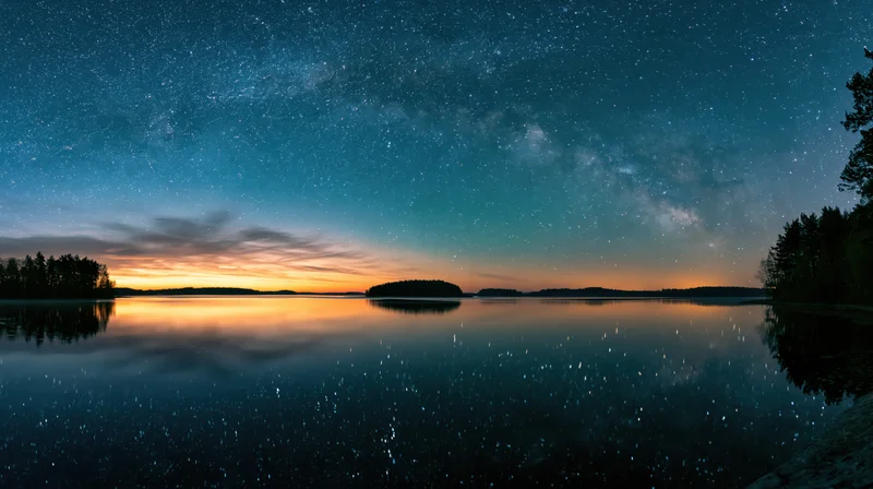 Milky way reflected in calm lake waters at twilight with forested shoreline and distant island under starry sky