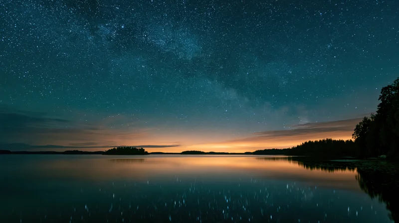Milky way reflected in calm lake water at twilight with forested shorelines under dark starry sky